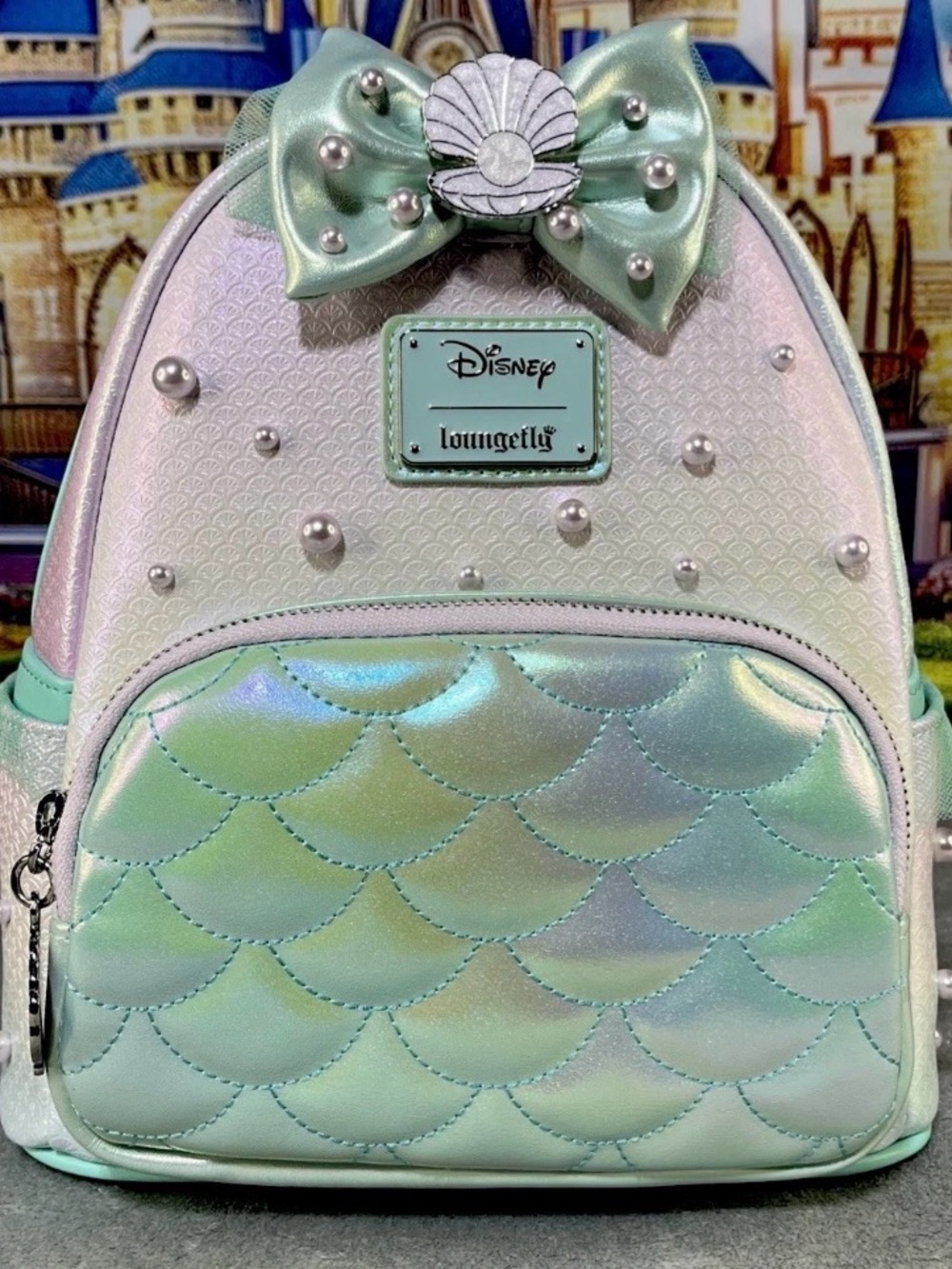 Loungefly Disney Iridescent Mermaid Mini Backpack - Mint Green, Pearl, Silver